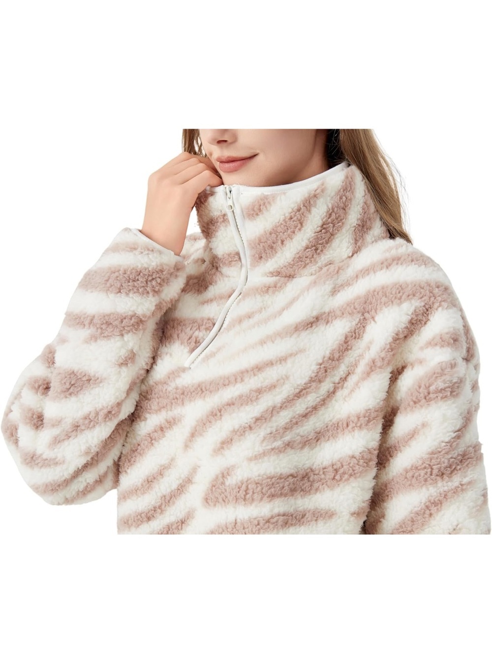 Women’s White & Tan Zebra Teddy Jacket Half-Zip Pullover - Picture 5 of 7